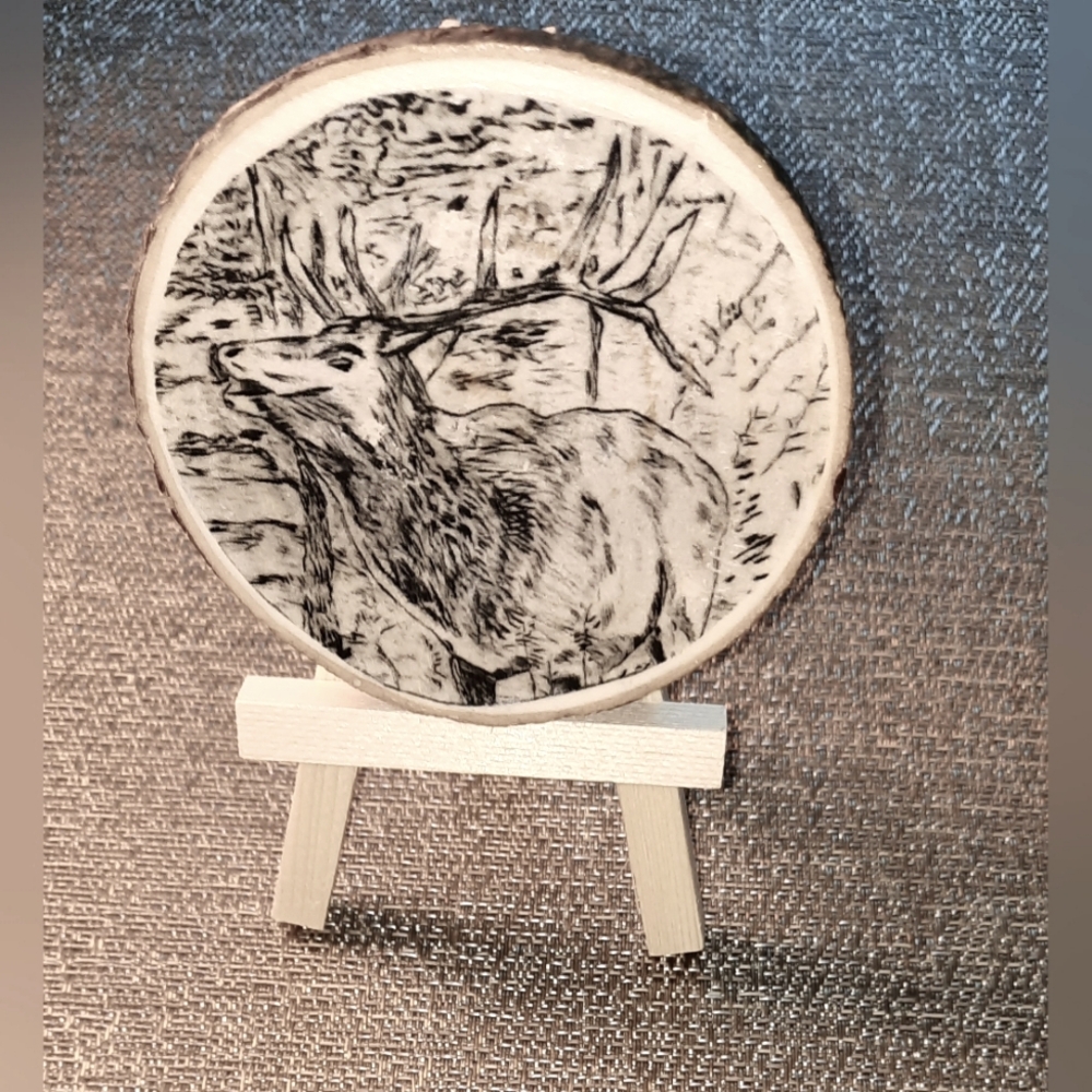 Wood Burning Elk Art on Wood Slice